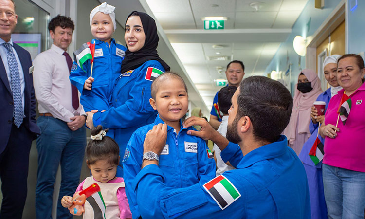 Kids with cancer tell Emirati astronauts they want to float in space or ...