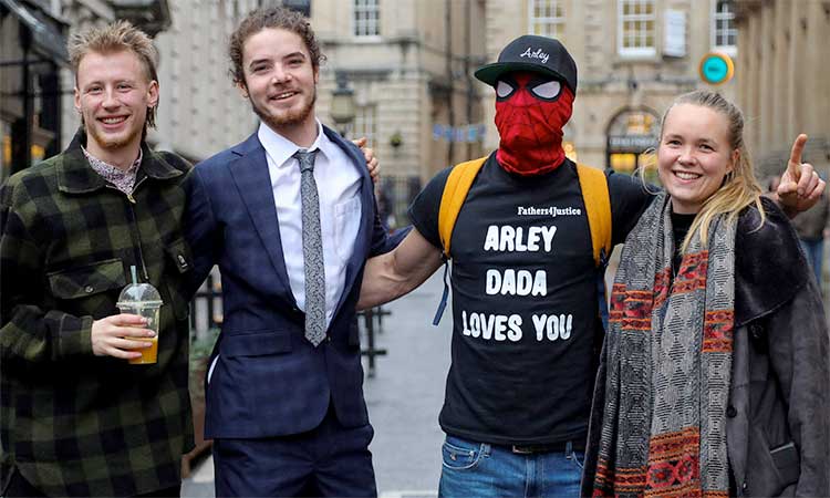  From left: Milo Ponsford, Sage Willoughby, Jake Skuse and Rhian Graham, collectively known as the ‘Colston 4’, pose for a photograph outside the Bristol Crown Court in England.   File/Agence France-Presse