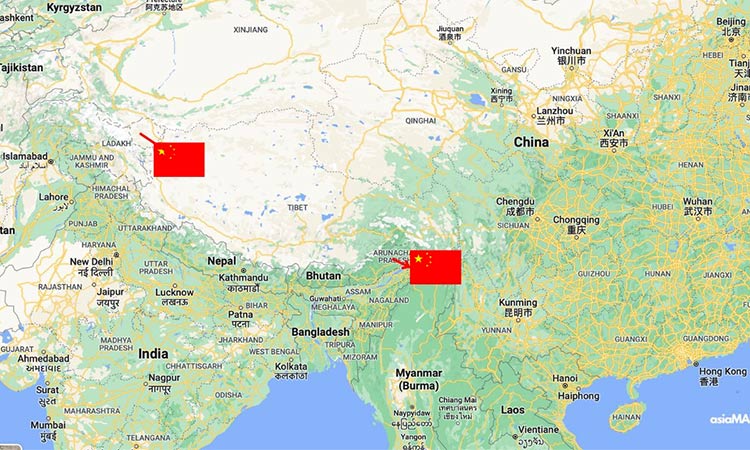 A Google Maps image edited to show the two regions claimed by China in the new map.