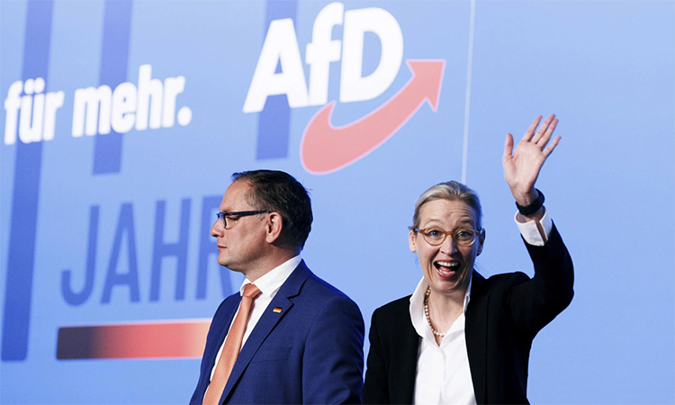 AfD co-leaders Tino Chrupalla (left) and Alice Weidel arrive at the Alternative for Germany, or AfD, federal party conference at the Magdeburg Messe, Germany. AP