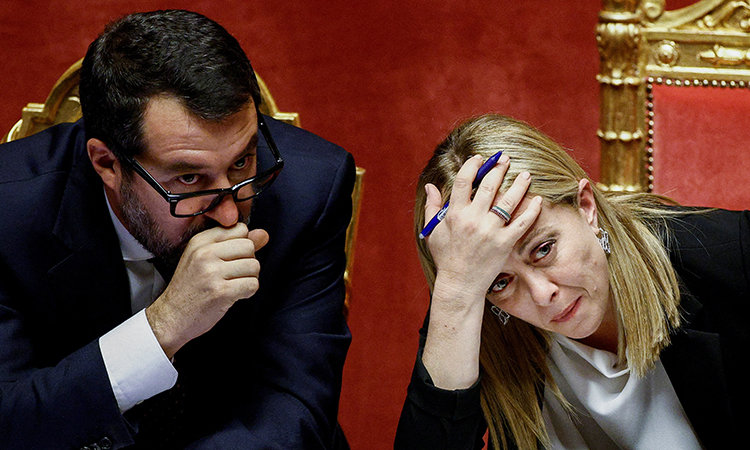 Giorgia Meloni and Matteo Salvini attend a session of the upper house of parliament in Rome, Italy. File/Reuters