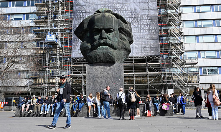 The landmark of Chemnitz, the Karl-Marx-Monument built in 1971 by the former East German government to honour the writer of the Communist Manifesto is pictured in Chemnitz, Germany, on March 18, 2024.