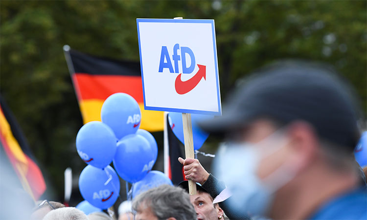 Supporters hold balloons, flags and a placard during a rally of Alternative for Germany (AfD) party in Berlin. Reuters