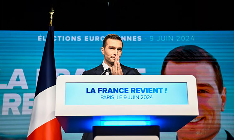  French far-right Rassemblement National (RN) party president Jordan Bardella addresses a party gathering in Paris. AFP