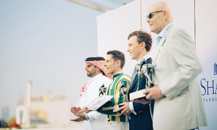 Mohamed Al Ahmed, Cristian Demuro and connections of Swing Vote during the presentation after the 2024 Cup race.