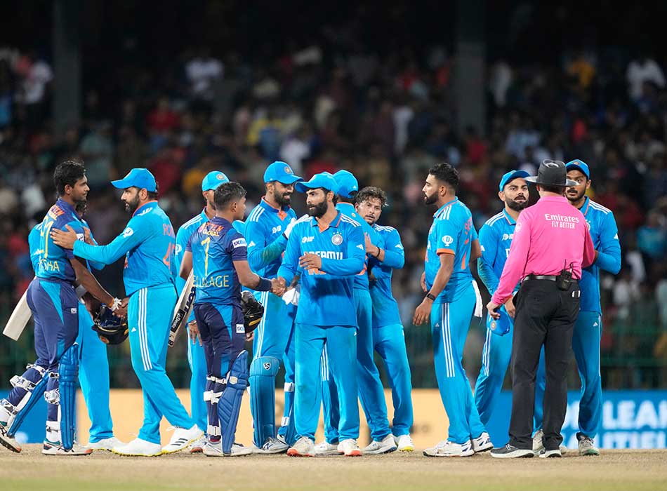 Indian players celebrate their team's win over Sri Lanka by 41 runs in the Asia Cup match in Colombo, Sri Lanka, on Tuesday. AP