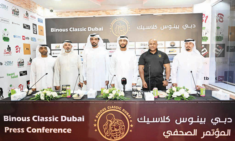 Sheikh Abdullah, Anis Binous, Mohammed Abdul Rahim Al Marri, Mohammed Shahen Al Hosney, Faisal Ahmed Obaid Al Zaabi and Ahmed Mohammed Abdulla Jowhar pose for a picture after the press conference.