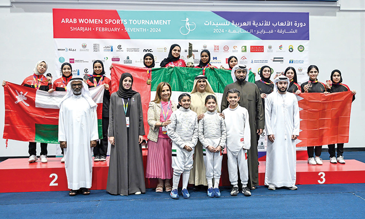 Sheikh Salem Bin Sultan Al Qasimi, Sheikha Hayat Bint Abdulaziz Al Khalifa and Hanan Al Mahmoud pose with winners during the presentation ceremony of the fencing competition at AWST.
