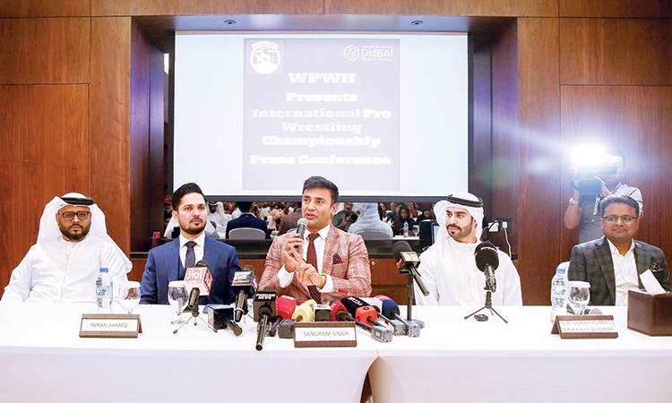 Sheikh Humaid, Sangram Singh, Imran Ahmed, and Parveen Gupta during the press conference in Dubai on Tuesday. Kamal Kassim / Gulf Today