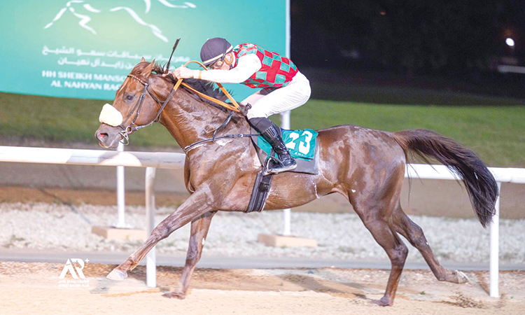 Jules Mobian rides Ammar towards the finish line to win the 1400m Al Ain feature race.