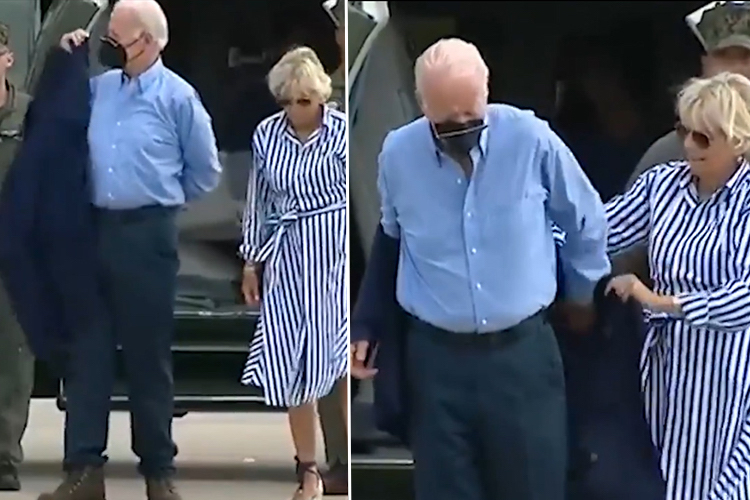 VIDEO: Biden struggles to wear his jacket, then drops his sunglasses