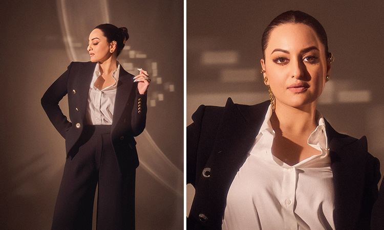 Sonakshi exudes boss lady vibes in wide-legged long trousers, blazer and shirt