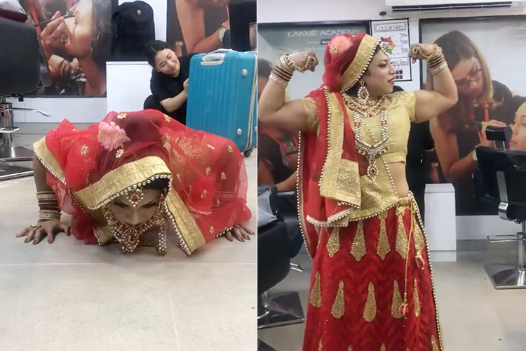 Video of an all-decked up bride doing pushups goes viral, netizens praise her love for fitness