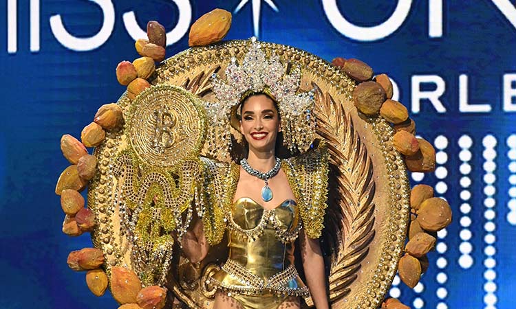 Miss Universe El Salvador 2022 dons golden bitcoin outfit at beauty pageant