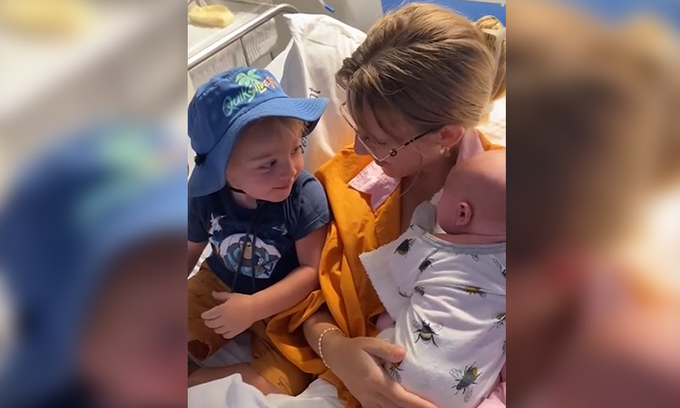 Toddler brings flowers and card for his newborn sibling that reads ‘Thank you for making me a big brother’