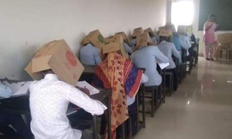 College students forced to wear cardboard boxes to stop them from cheating