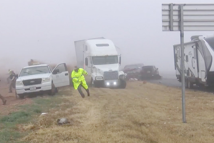 VIDEO: TV crew captures the dramatic moment of an 18-wheel truck ploughing into multiple vehicles in Texas