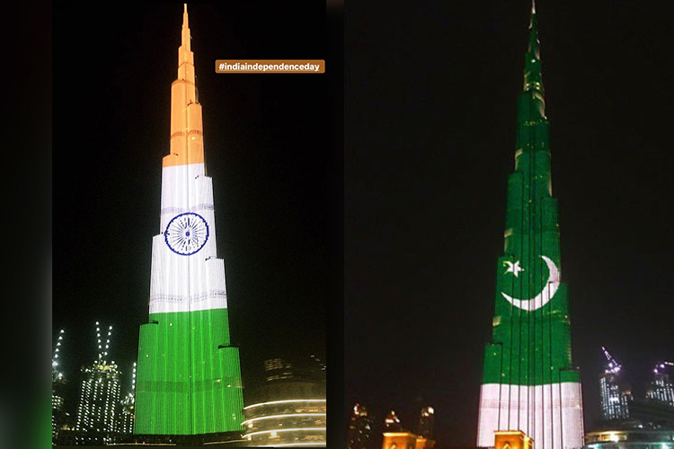 Burj Khalifa lit up in colours of India, Pakistan flags