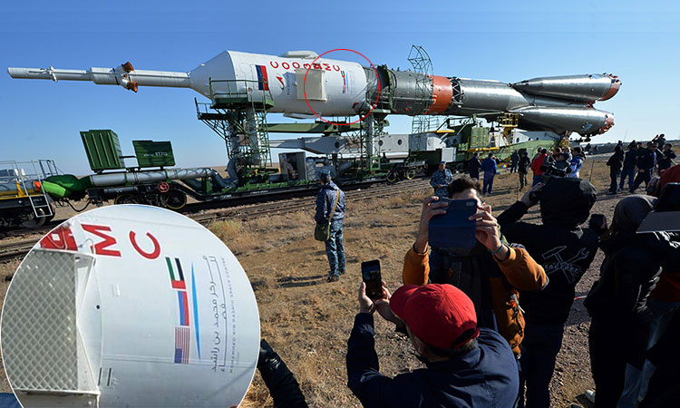 UAE flag, MBRSC logo on Soyuz FG rocket