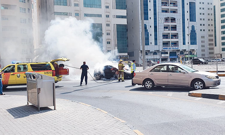 Fire guts car in Sharjah’s Al Khan area