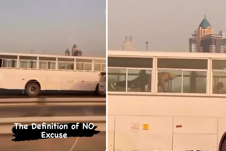 Sheikh Hamdan shares video of a man doing pushups on moving bus