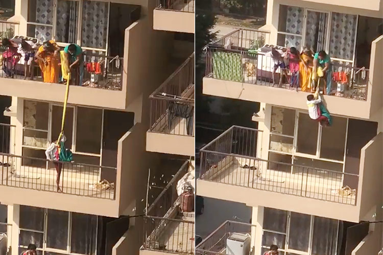 VIDEO: Mother dangles son with a bedsheet from 10th floor balcony to fetch clothes from 9th floor