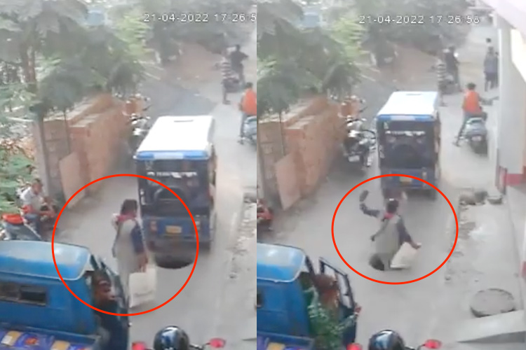 VIDEO: Woman speaking on the phone falls into open drain in India