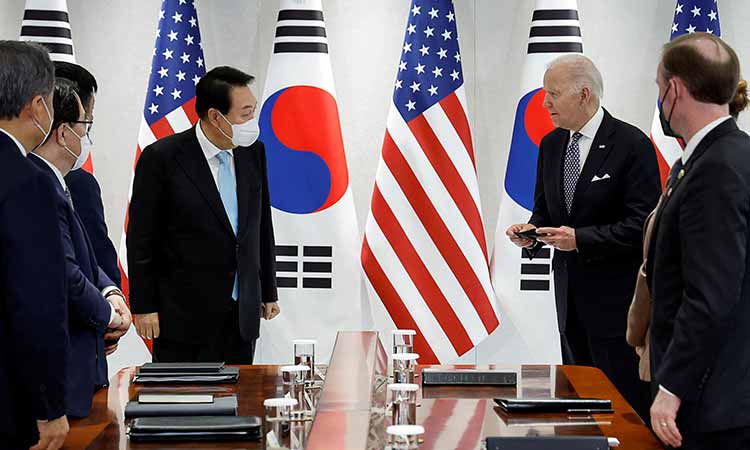 US, South Korea leaders meet as anti-Biden protesters scuffle with police