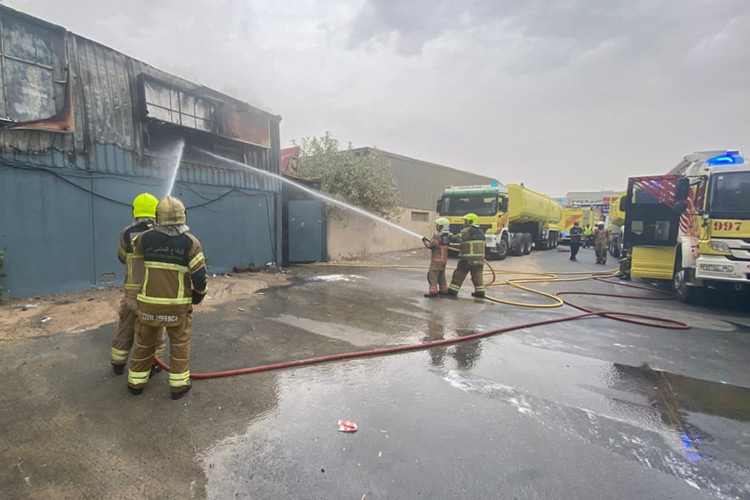 Dubai Civil Defence teams put out a fire at timber warehouse in Ras Al Khor 