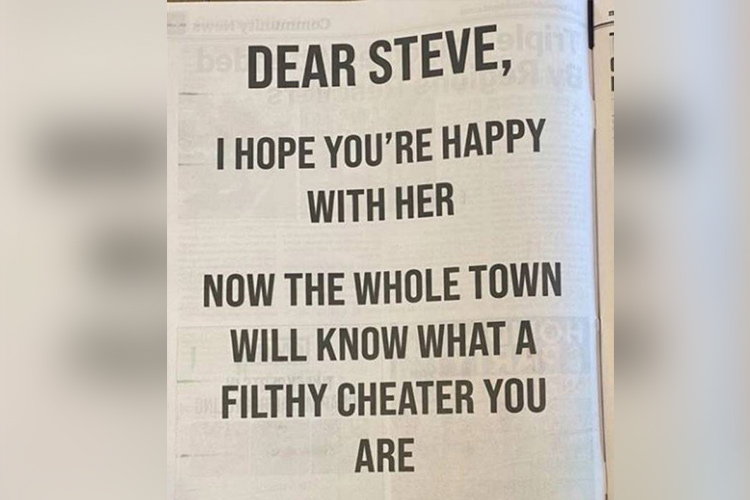 ‘Now the whole town will know what a filthy cheater you are:’ Woman books ad in newspaper to expose cheating husband 