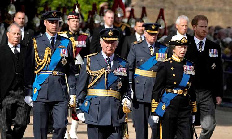 King Charles, William and Harry reunited in grief to escort queen’s coffin