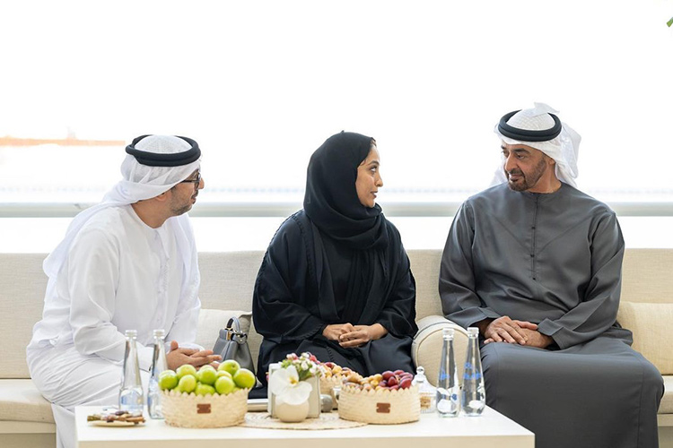 Mohamed Bin Zayed meets UAE chef Nawal Al Nuaimi, who presented Emirati hot chocolate at Davos 