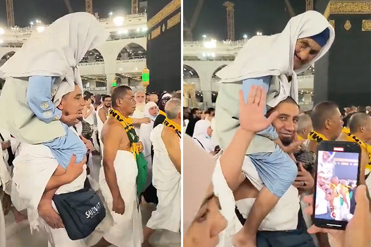 VIDEO: Man performs Umrah with his mother on his shoulders