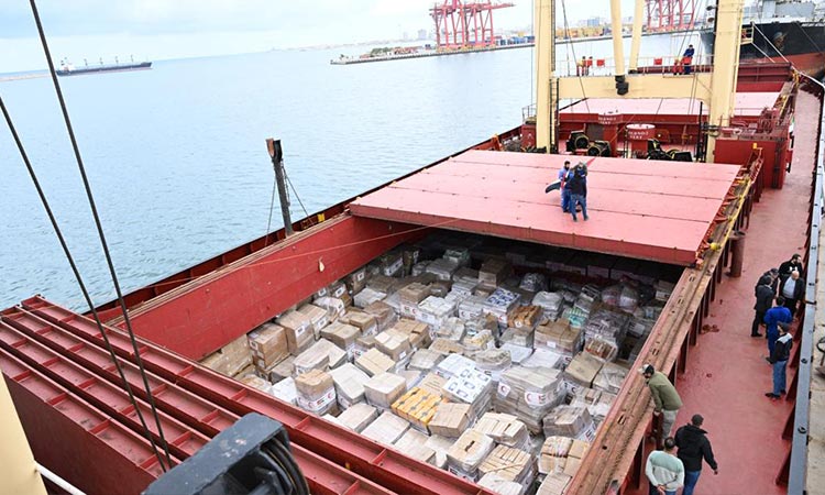 UAE ship carrying over 2,000 tonnes of aid material arrives at Syria's Latakia Port