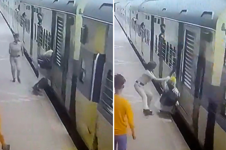 VIDEO: Female officer saves elderly  man from falling under the  wheels of train in India