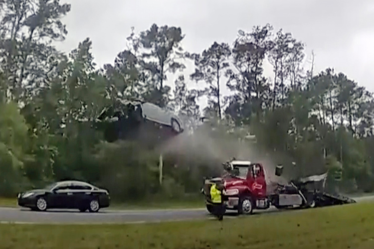 VIDEO: Car sent flying after driving up the ramp of tow truck in Georgia