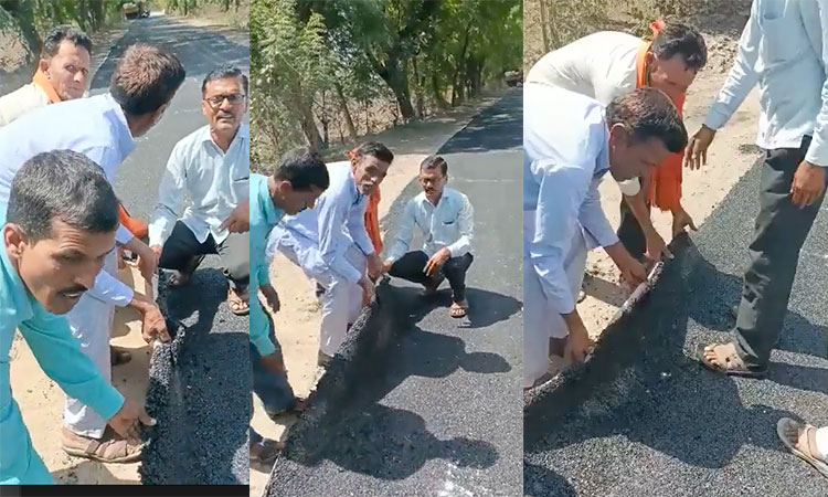 VIDEO:  It’s road, not a black carpet: Indian villagers ‘lift up’ newly-laid road with bare hands 