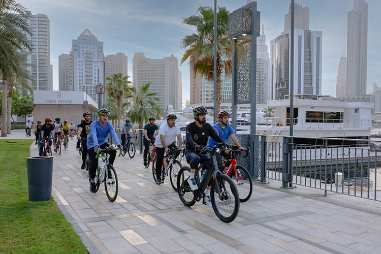 Sheikh Mohammed takes a bicycle tour of the cycling path along the Dubai Water Canal