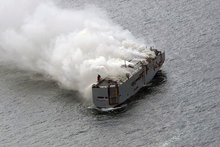 Ship carrying 3,000 cars ablaze off Dutch coast, crew member dead