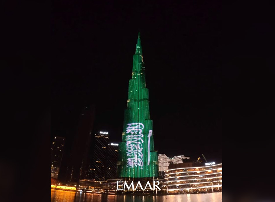 Burj Khalifa lights up with the Saudi flag marking the Kingdom's 93rd National Day