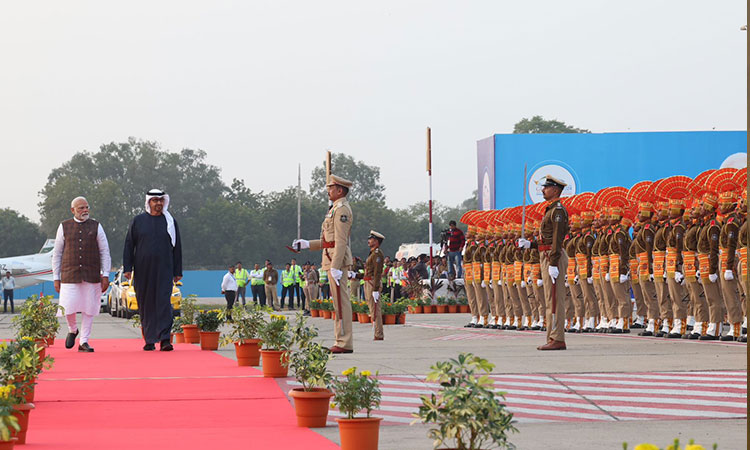 Sheikh Mohamed received by Modi upon his arrival in India for Vibrant Gujarat Global Summit