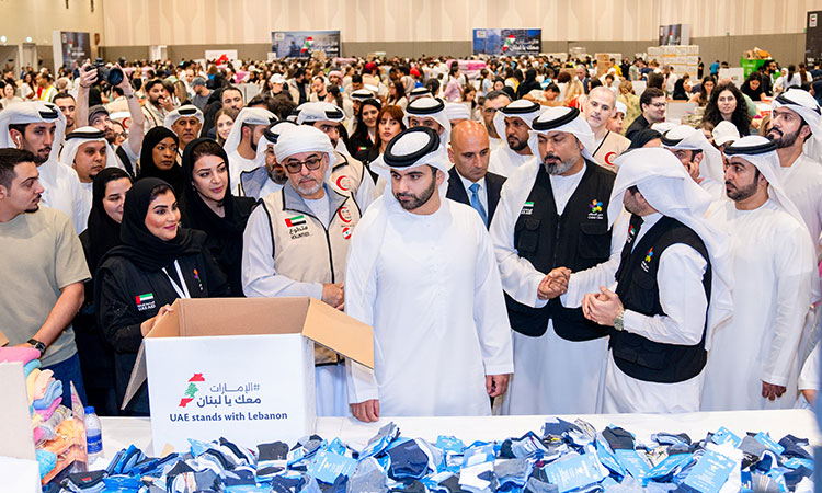 Mansoor Bin Mohammed visits ‘UAE Stands with Lebanon’ campaign centre in Dubai