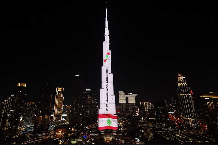 Burj Khalifa lights up with Lebanon flag as part of 'UAE Stands with Lebanon' initiative