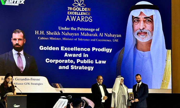 Romain Gerardin-Fresse receives the Golden Excellence Prodigy Award from Sheikh Nahayan 