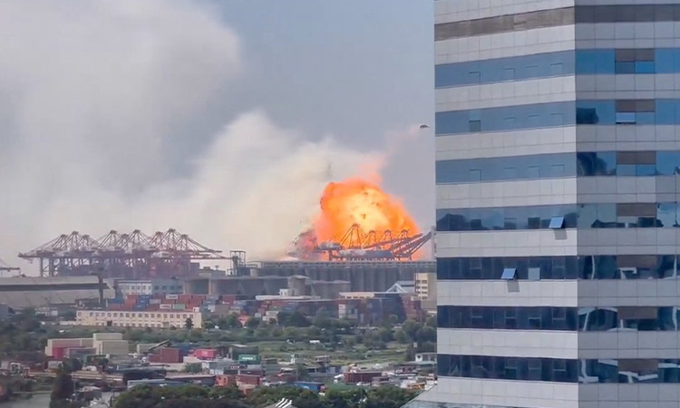 Powerful explosion sets off  fireball on container ship at China’s Ningbo-Zhoushan port