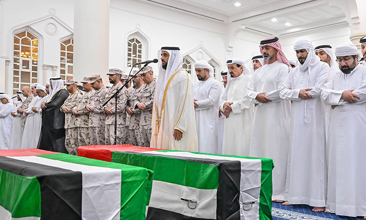 Ajman Ruler and CP perform funeral prayers for martyrs Nasser Al Bloushi and Abdulaziz Al Tunaiji